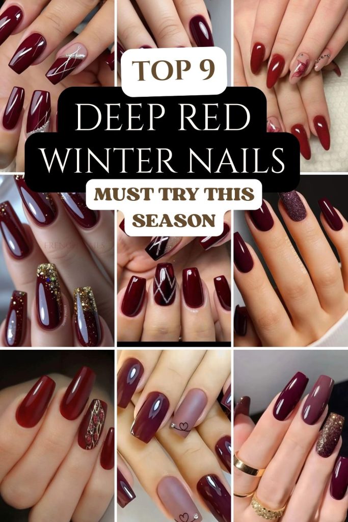 A realistic close-up of a female hand with correct anatomy (four fingers and one thumb) showcasing glitter ombré deep red winter nails on long square nails. The nails feature a deep, rich red base that gradually transitions into fine red and gold glitter toward the tips, creating a smooth, sparkling ombré effect. The finish is glossy and reflective, capturing light beautifully to highlight the festive, winter glamour. Lighting emphasizes the gradient and glitter sparkle, giving a luxurious and celebratory feel. The background is softly winter-themed — such as warm fairy lights, blurred snowflakes, or cozy neutral textures — enhancing the seasonal elegance. The overall look is sophisticated, festive, and eye-catching, perfect for winter celebrations.